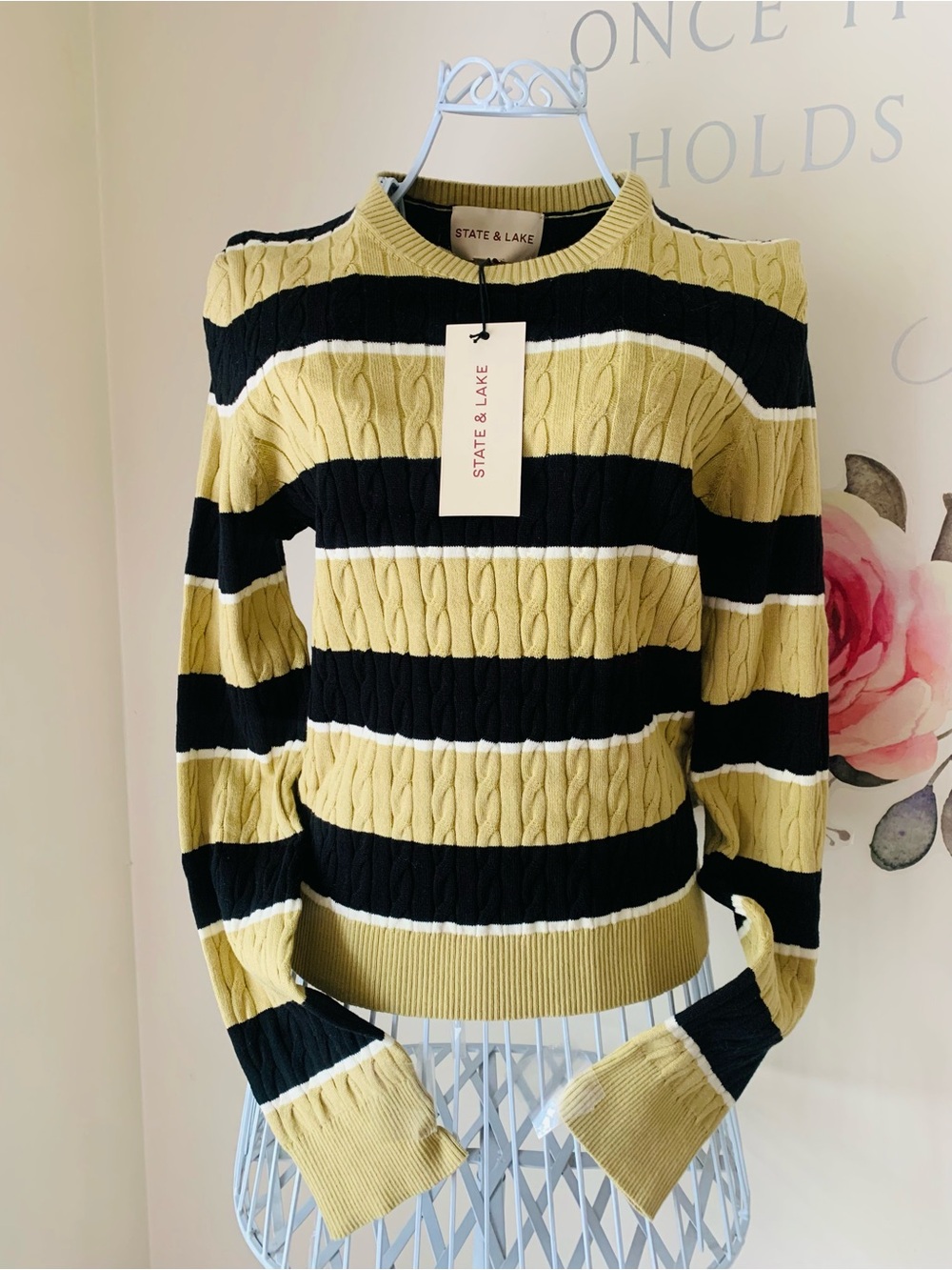 State & Lake Cable Knit Pullover Sweater Khaki Black White Stripe Large Preppy